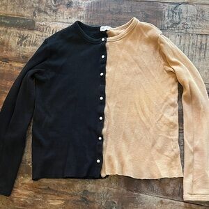 DONNI. Black and Tan Contrast Ribbed Button-Up Cardigan